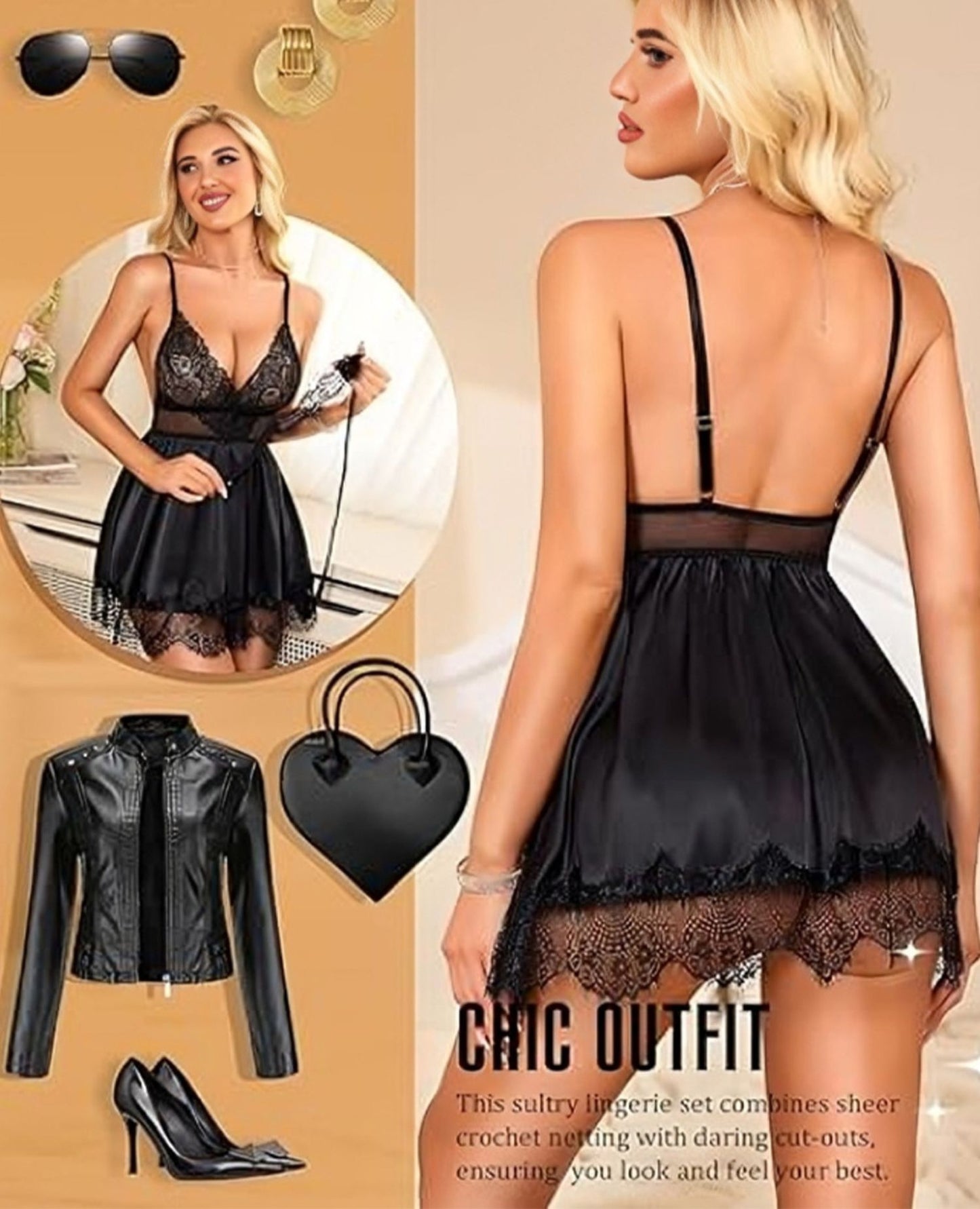 Women’s Floral Lace Satin-Look Babydoll Nightwear Set