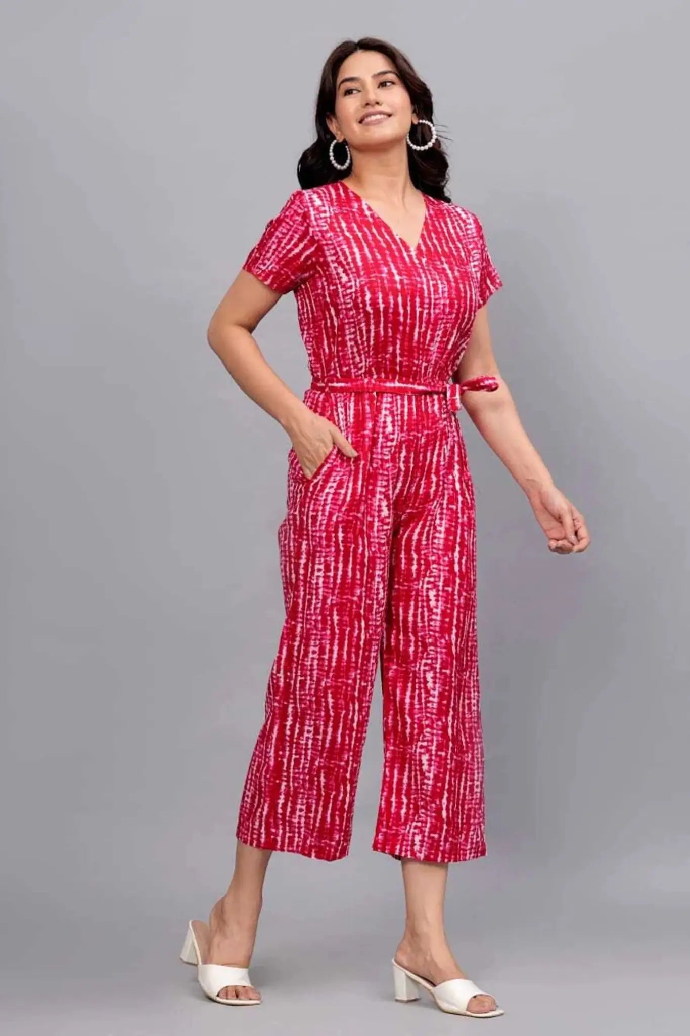 Pink Shibori Print V-Neck Jumpsuit - Wide Leg