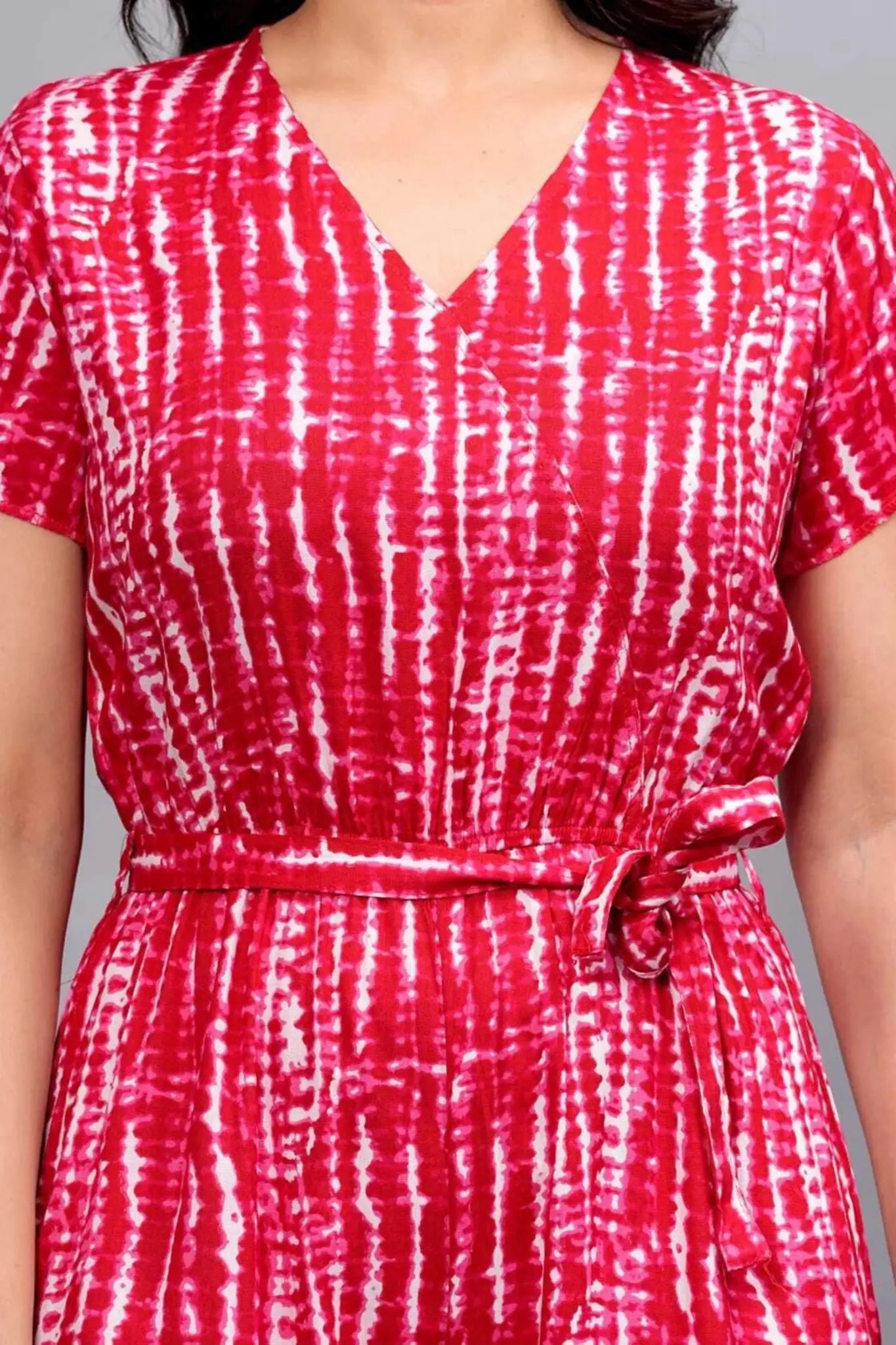 Pink Shibori Print V-Neck Jumpsuit - Wide Leg