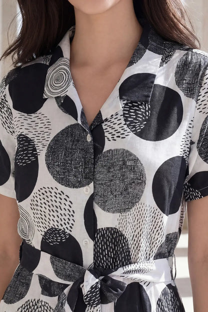 Black and White Polka Dot Notched Collar Jumpsuit
