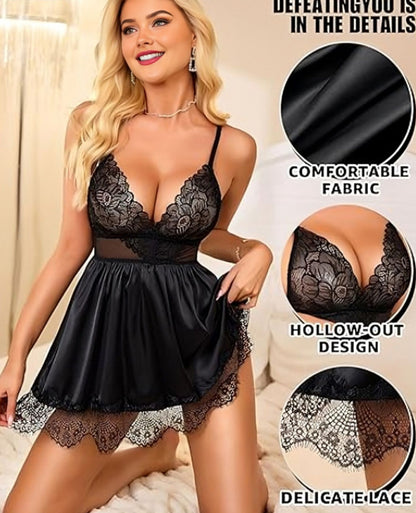 Women’s Floral Lace Satin-Look Babydoll Nightwear Set