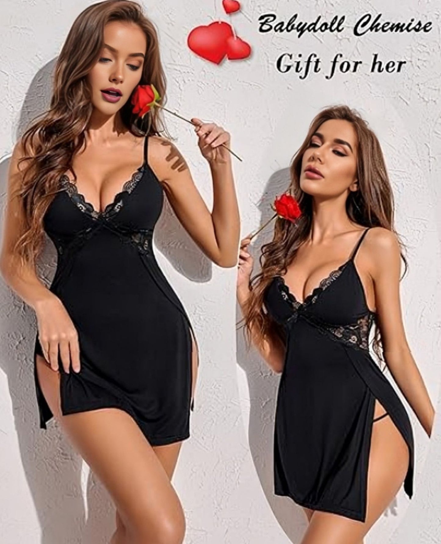 Adornstar Women’s Black Lace Open-Back Babydoll Nightdress