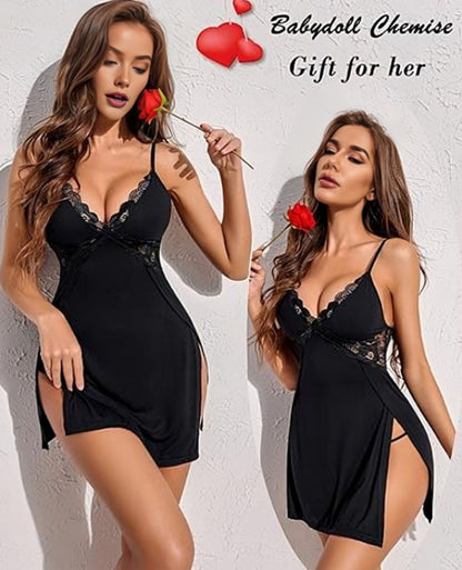 Adornstar Women’s Black Lace Open-Back Babydoll Nightdress