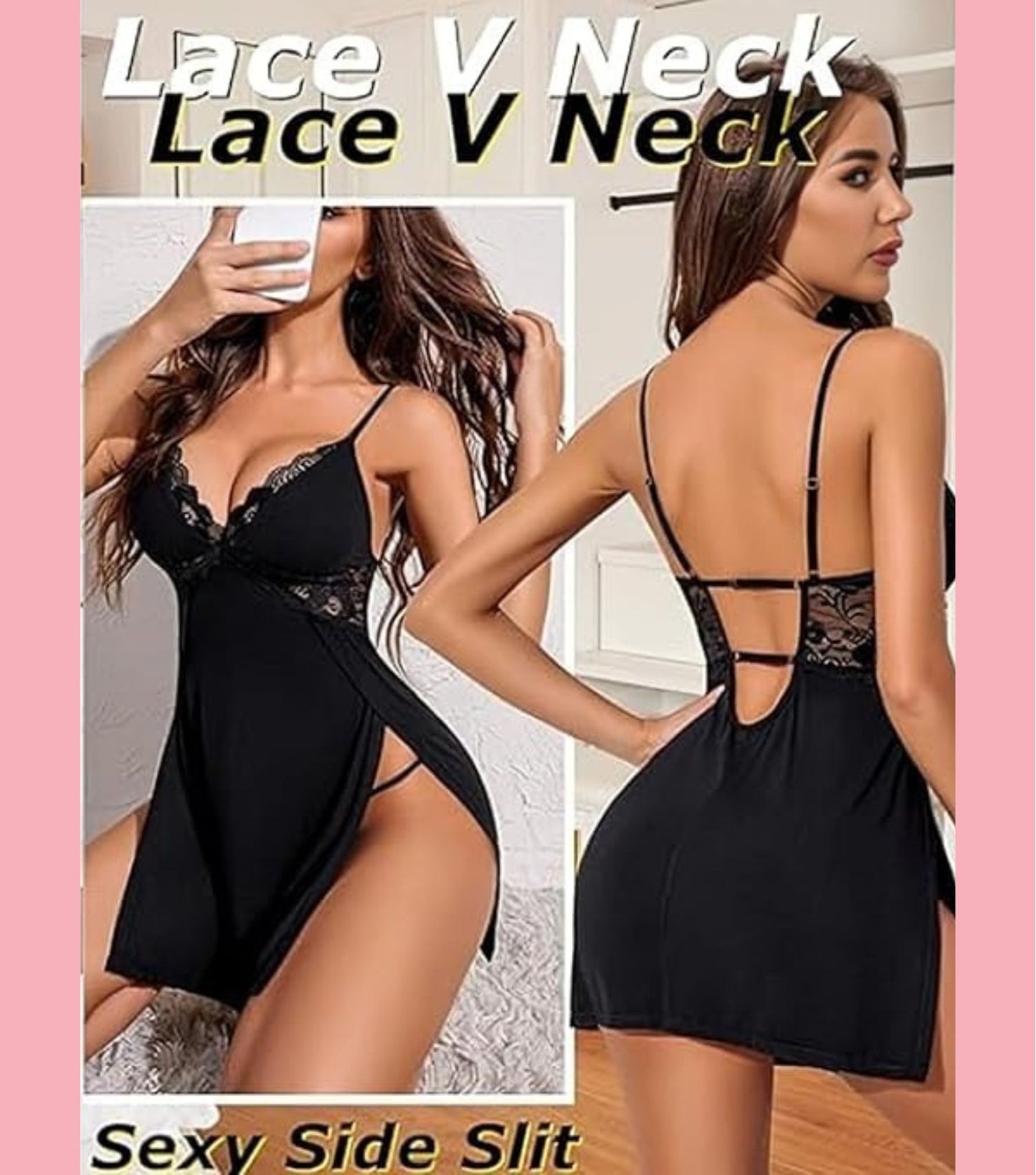 Adornstar Women’s Black Lace Open-Back Babydoll Nightdress