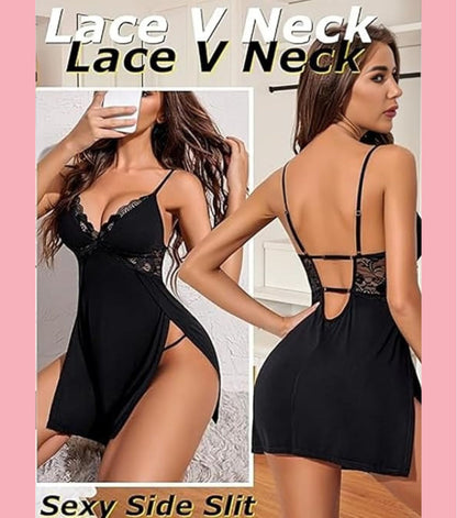 Adornstar Women’s Black Lace Open-Back Babydoll Nightdress