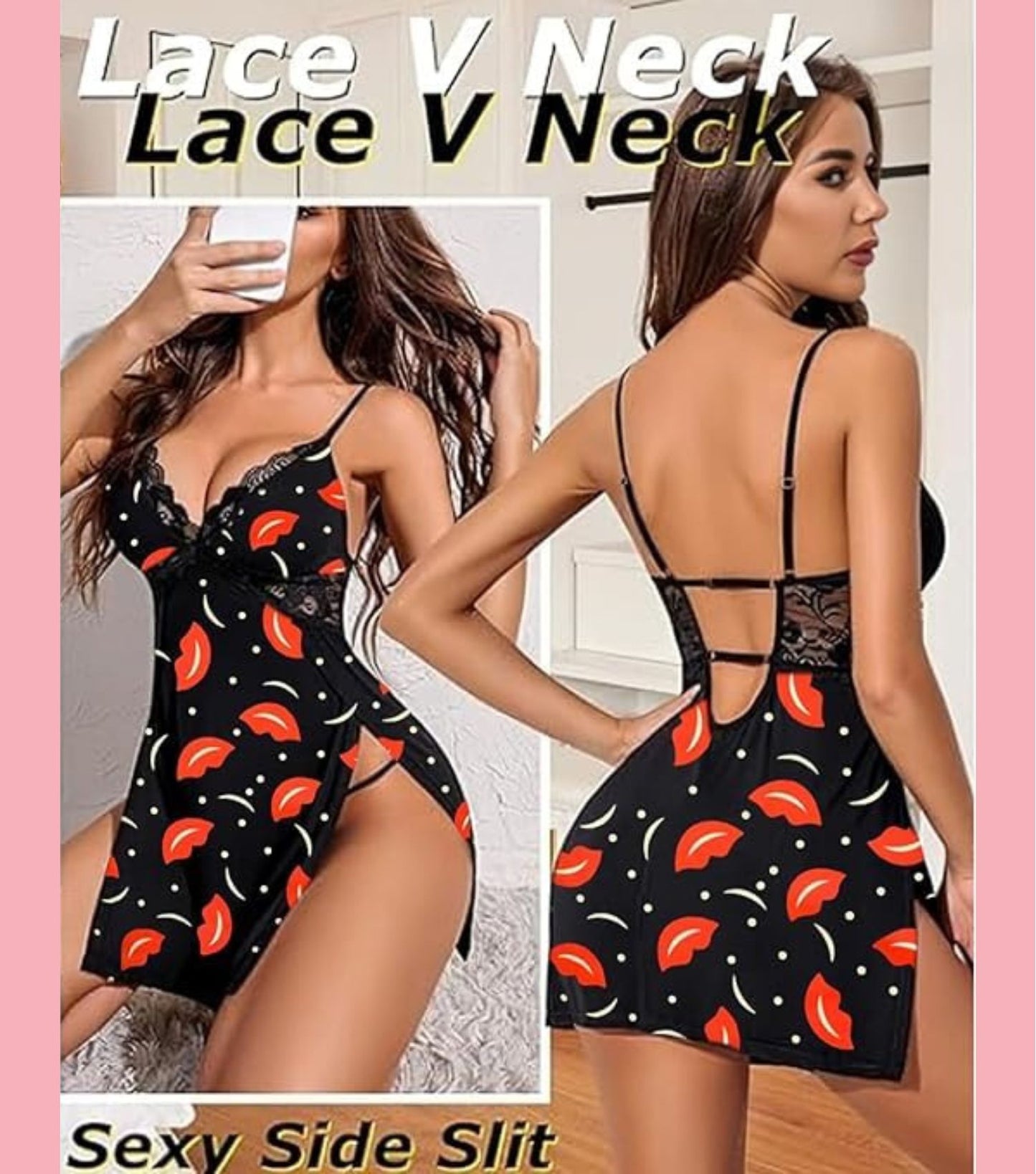 Adornstar Women’s Black & Red Lip-Print Lace Babydoll Nightdress
