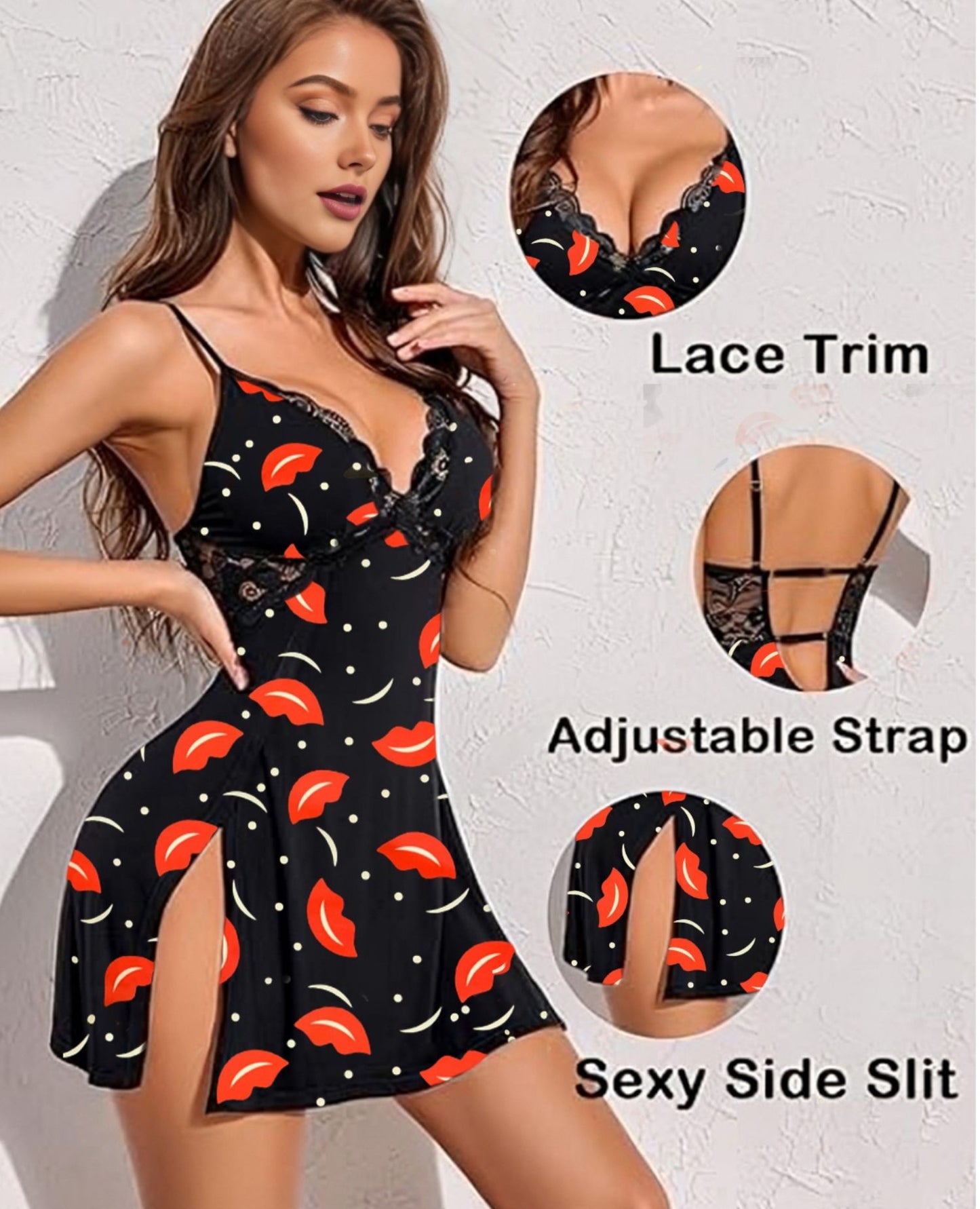 Adornstar Women’s Black & Red Lip-Print Lace Babydoll Nightdress