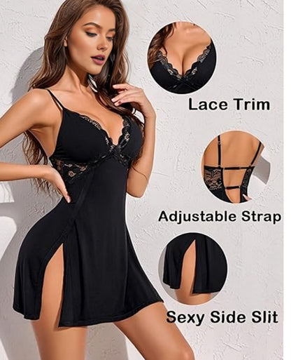 Adornstar Women’s Black Lace Open-Back Babydoll Nightdress