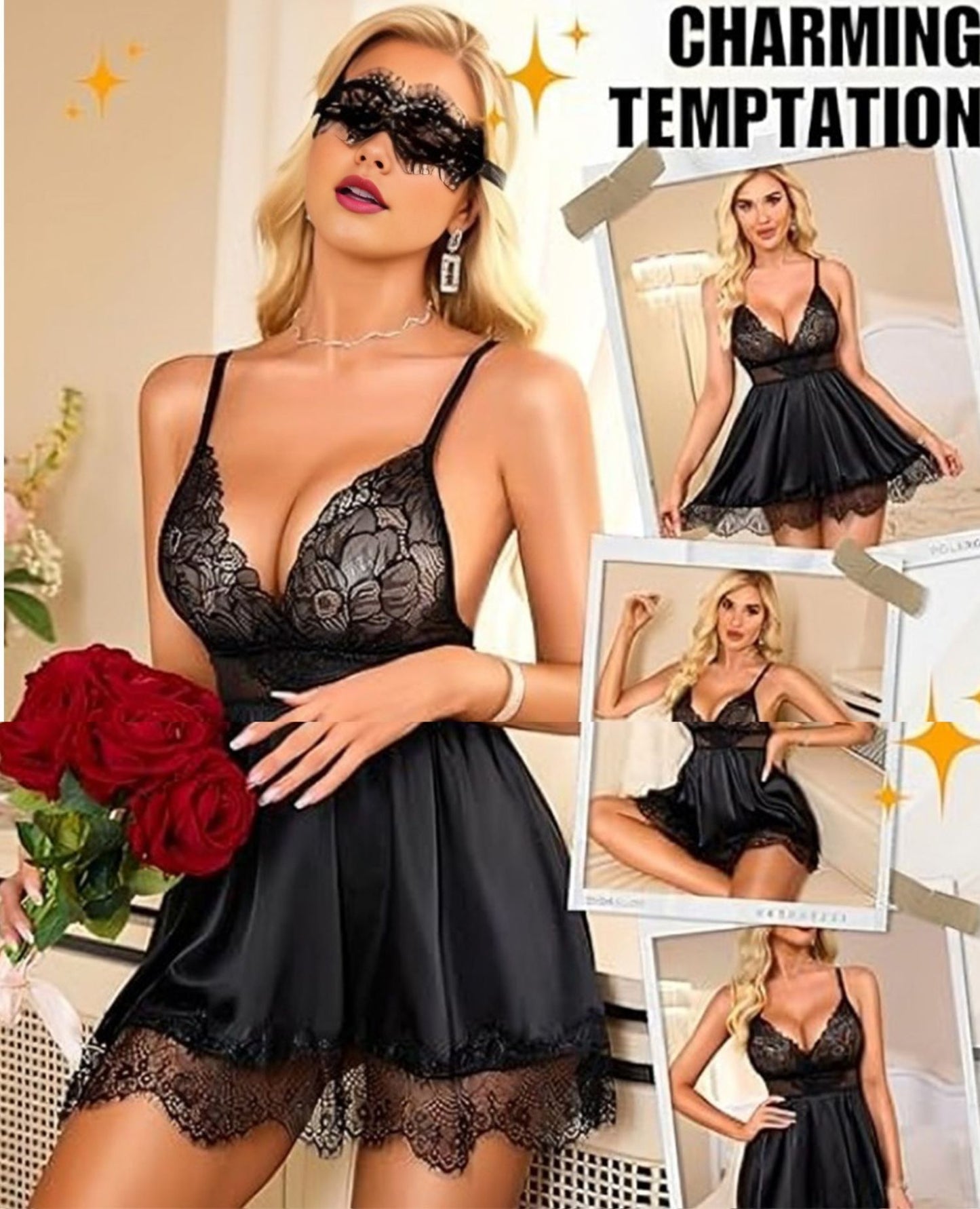 Women’s Floral Lace Satin-Look Babydoll Nightwear Set