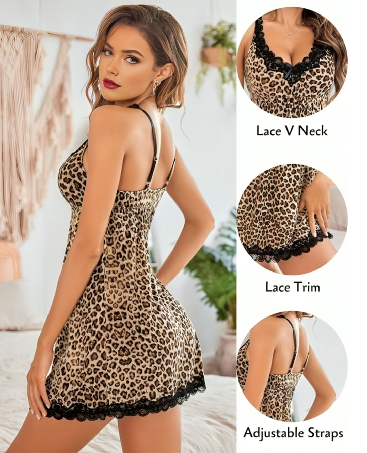 Adornstar Women’s Beige Leopard-Print Lace Babydoll Nightdress